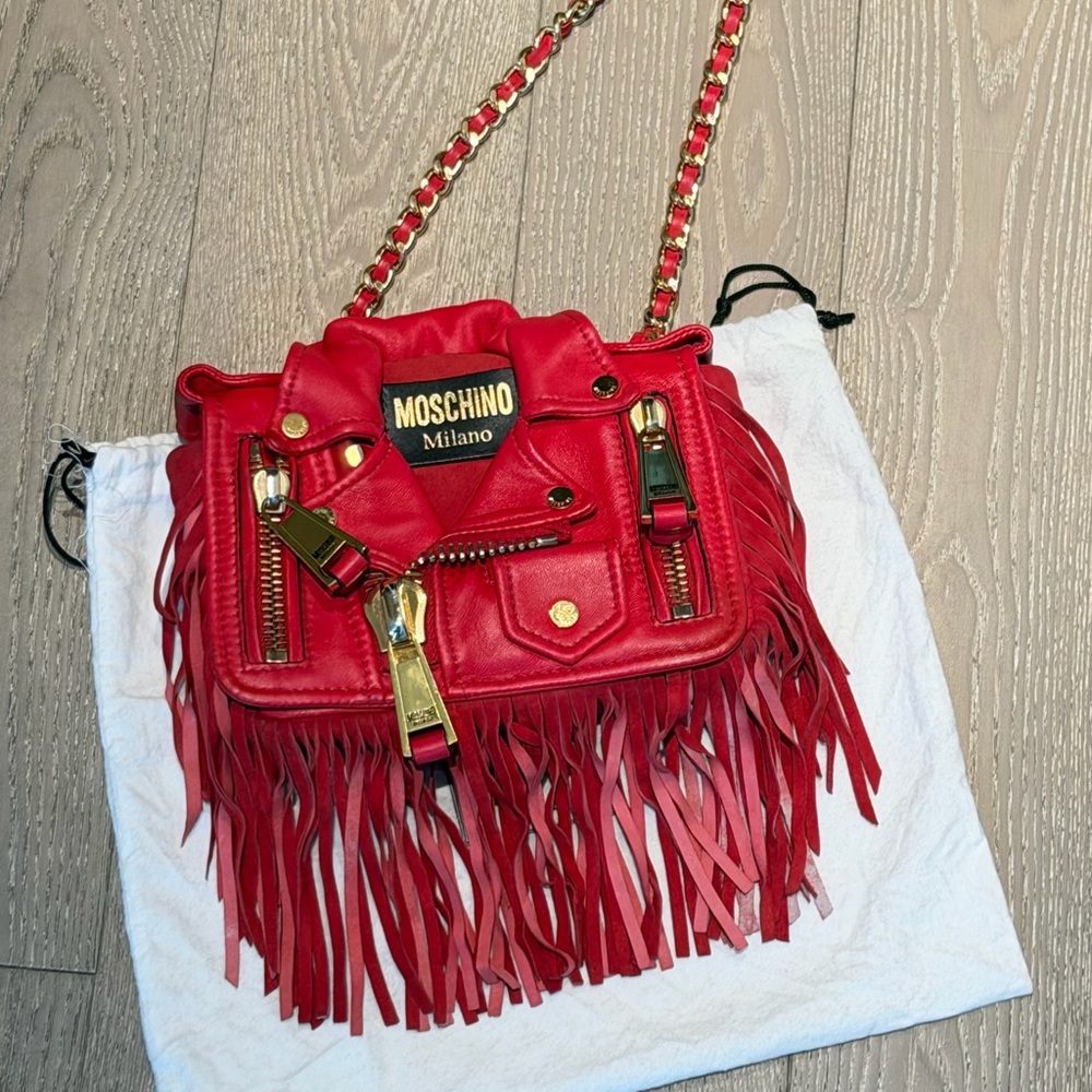Moschino Fall 2022 collection Biker bag red velvet gold zippers